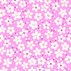ditsy floral white sakura seamless pattern. cherry blossom flower with pink background and polka dots. good for fabric, fashion design, summer spring dress, Japan kimono, textile, background.