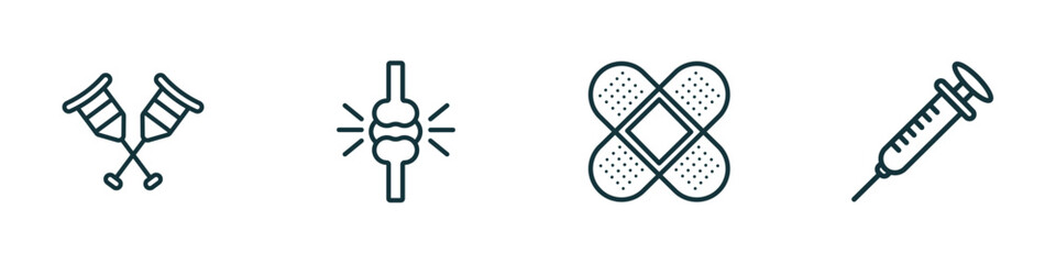 set of 4 linear icons from medical concept. outline icons included crutches couple, knee, bandage cross, syringe with medicine vector