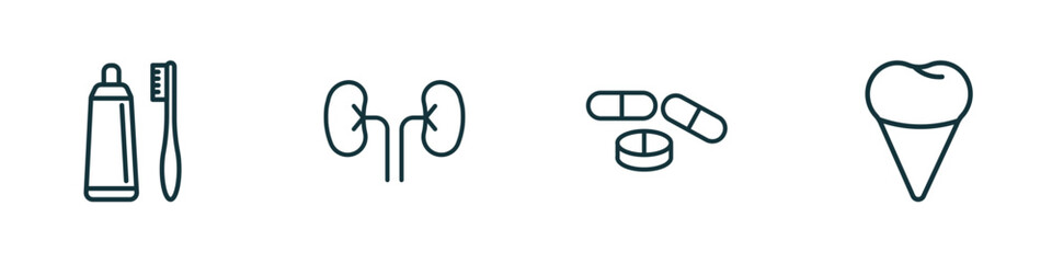 set of 4 linear icons from medical concept. outline icons included brush with tooth paste, kidney, drug pills, premolar vector