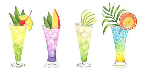 Alcohol cocktails watercolor set. Hand drawn drink clipart elements on white background