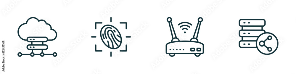 Poster set of 4 linear icons from internet security concept. outline icons included cloud server, fingerpri