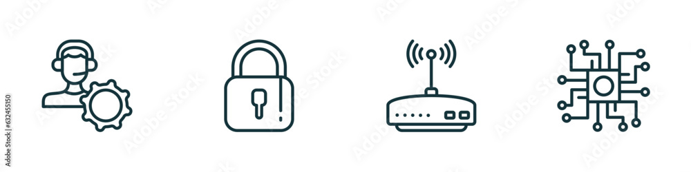 Poster set of 4 linear icons from internet security concept. outline icons included remote support, padlock