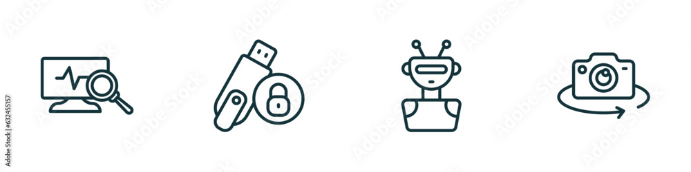 Poster set of 4 linear icons from internet security concept. outline icons included network monitoring, pen