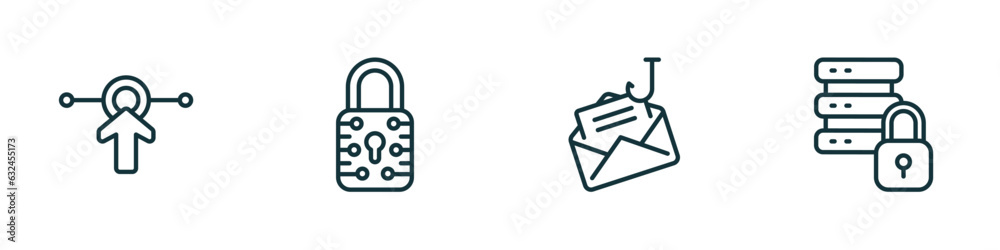 Poster set of 4 linear icons from internet security concept. outline icons included interactive, data locke
