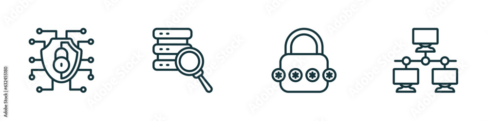 Wall mural set of 4 linear icons from internet security concept. outline icons included network, data search, p