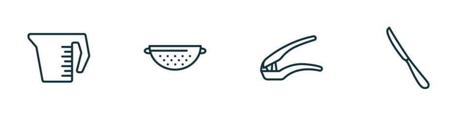 set of 4 linear icons from kitchen concept. outline icons included measuring cup, strainer, garlic press, steak knife vector