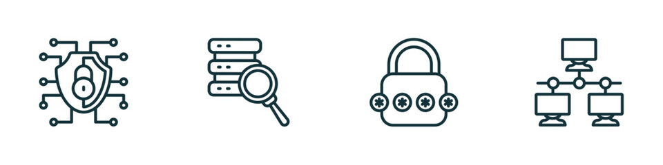set of 4 linear icons from internet security concept. outline icons included network, data search, passkey, local network vector