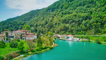 Aerial view of Most na Soci (Most na Soči) a town in the Municipality of Tolmin in the Littoral region of Slovenia.