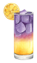 Purple gin alcohol cocktail. Hand drawn watercolor illustration in white background. Drink clipart element