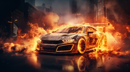 Car on Fire Accident, Burning Car Background, Car Insurance Concept. Generative Ai