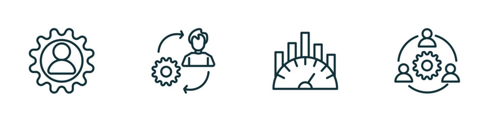 set of 4 linear icons from human resources concept. outline icons included skills, change management, benchmarking, work team vector