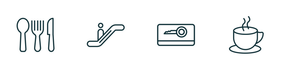 set of 4 linear icons from hotel and restaurant concept. outline icons included eating utensils, or, key card, coffee vector