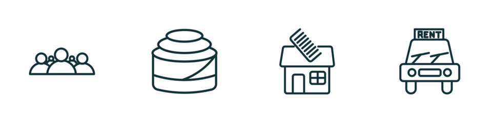 set of 4 linear icons from hotel and restaurant concept. outline icons included people, cinnamon roll, barbershop, rent a car vector