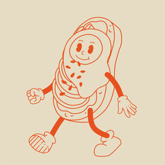 Vector cartoon retro mascot of avocado toast with egg. Vintage style 30s, 40s, 50s old animation. The clipart is isolated on a beige background.