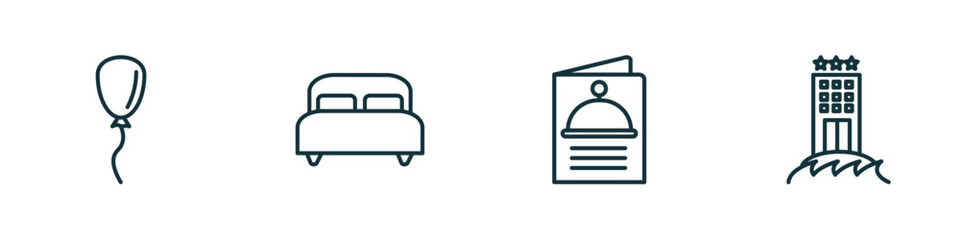 set of 4 linear icons from hotel and restaurant concept. outline icons included balloon, double bed, menu, beach hotel vector