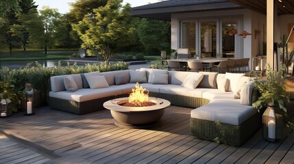 Outdoor garden interior with surrounded fire