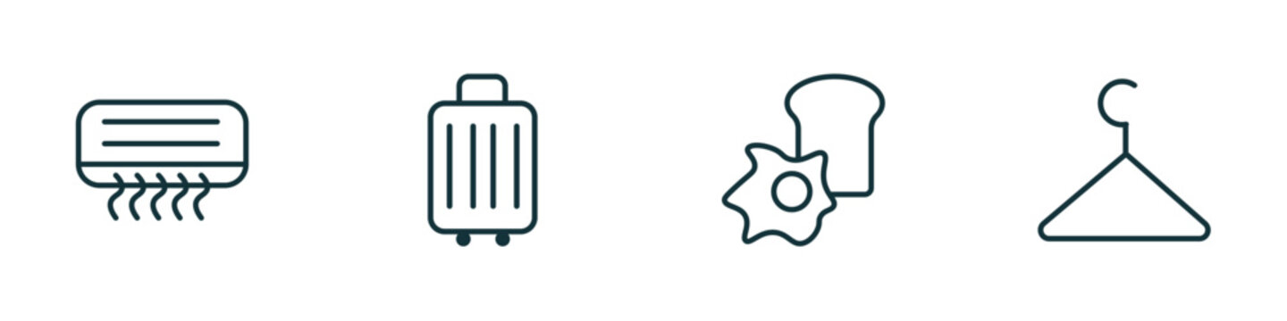 set of 4 linear icons from hotel and restaurant concept. outline icons included air conditioner, luggage, breakfast, checkroom vector