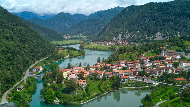 Aerial view of Most na Soci (Most na Soči) a town in the Municipality of Tolmin in the Littoral region of Slovenia.