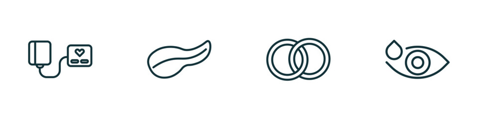 set of 4 linear icons from medical concept. outline icons included blood pressure gauge, pancreas, rings, eye drops vector