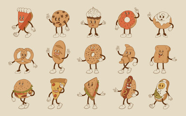 Vector cartoon retro mascot of bread, pastry, burger, sandwich. Vintage style 70s, 60s, 50s character. Groovy art for bakery and restaurants