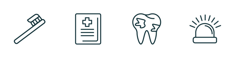set of 4 linear icons from health and medical concept. outline icons included tooth brush, medical book, caries, emergency vector