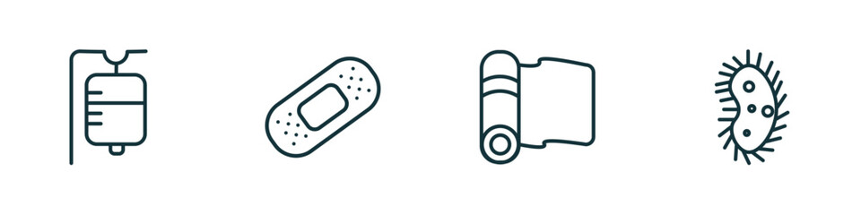 set of 4 linear icons from medical concept. outline icons included saline, band aid, yoga mat, microbe vector