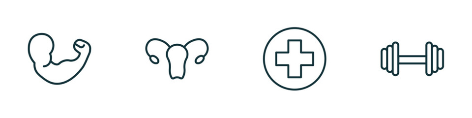 set of 4 linear icons from health and medical concept. outline icons included arm, gynecology, medical, exercise vector