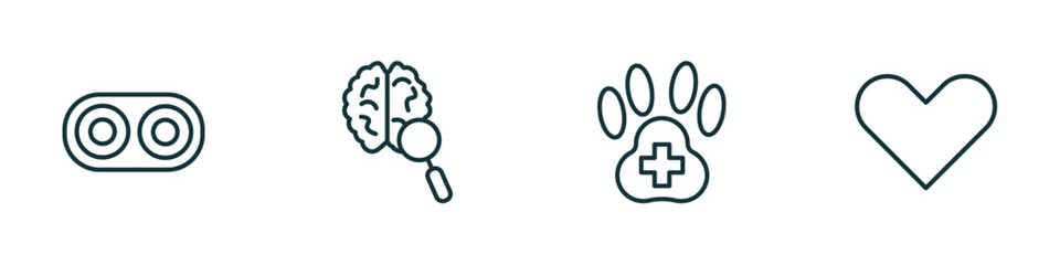 set of 4 linear icons from health and medical concept. outline icons included optometrist, neurology, veterinary, heart vector
