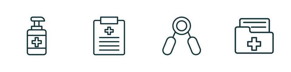 set of 4 linear icons from health and medical concept. outline icons included desinfectant, medical report, handgrip, medical result vector