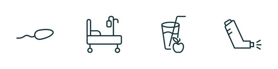 set of 4 linear icons from medical concept. outline icons included spermatozoon, hospital bed, juice, inhalator vector