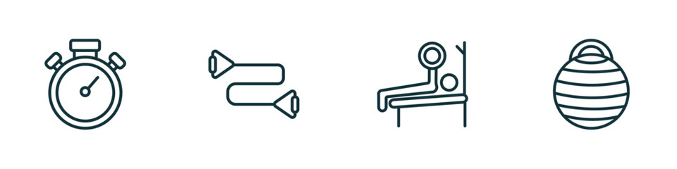 set of 4 linear icons from gym and fitness concept. outline icons included big stopwatch, resistance band, press, fitness ball vector