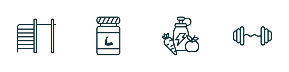 set of 4 linear icons from gym and fitness concept. outline icons included tightening bar, phytonutrients, fitness food, dumbbells bar vector