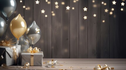 Empty Wall and birthday decoration with golden balloon background. For product display. copy space, banner background.