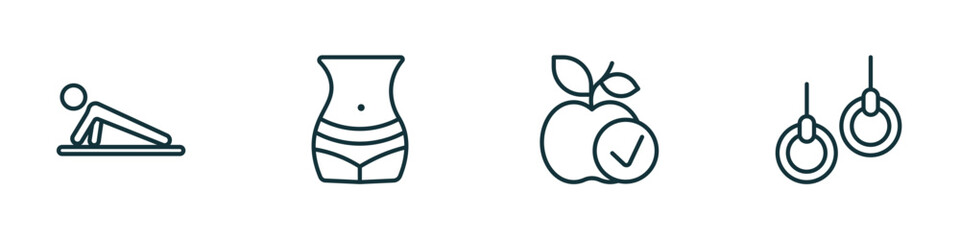 set of 4 linear icons from gym and fitness concept. outline icons included push up, fitness body, good diet, gymnastic rings vector