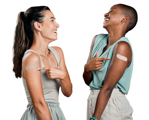 Covid vaccinated, funny or women with a smile, arm plaster or safety isolated on a transparent...
