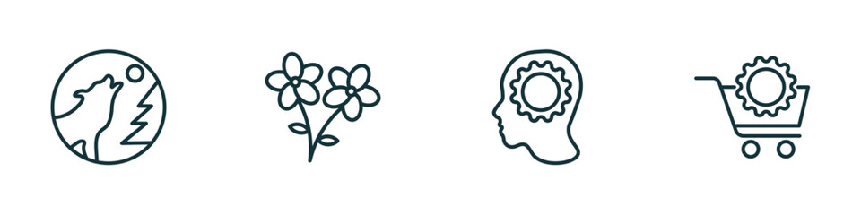 set of 4 linear icons from general concept. outline icons included wolf howling, daisy bouquet, realization, procurement vector