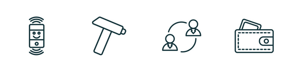set of 4 linear icons from general concept. outline icons included smart assistant, nail puller, on coaching, card wallet vector