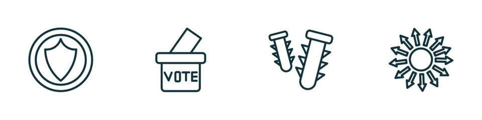 set of 4 linear icons from general concept. outline icons included insurance with a button, referendum, dyupel, outsourcing vector