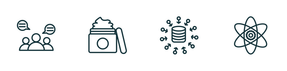 set of 4 linear icons from general concept. outline icons included group opinion, beauty care, data aggregation, core values vector