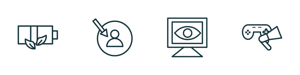 set of 4 linear icons from general concept. outline icons included eco battery, direct marketing, computer vision, in-game advertising vector