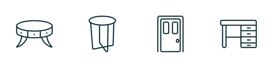 set of 4 linear icons from furniture & household concept. outline icons included coffee table, side table, door, desk vector