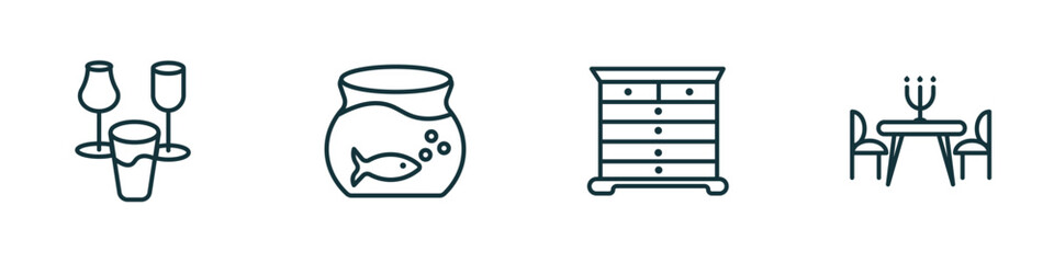 set of 4 linear icons from furniture & household concept. outline icons included glassware, fish bowl, chest of drawers, dinner table vector