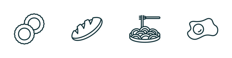 set of 4 linear icons from food concept. outline icons included ring pop, loaf of bread, spaguetti, two eggs vector