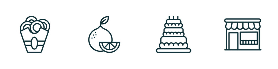 set of 4 linear icons from food concept. outline icons included onion rings, citrus fruits, celebration cake, fast food restaurant vector