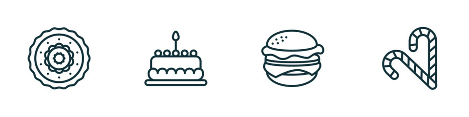 set of 4 linear icons from food concept. outline icons included moon cake, cake with one candle, burguer, christmas candy sticks vector