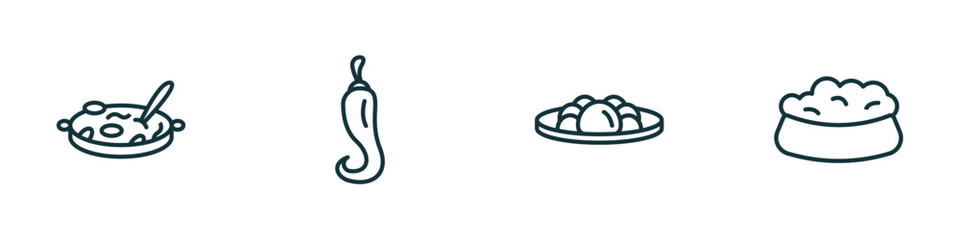set of 4 linear icons from food concept. outline icons included cantonese seafood soup, chili pepper, yusheng, dog food vector