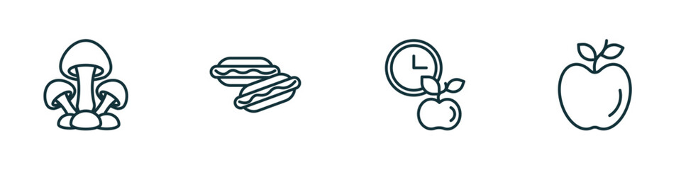 set of 4 linear icons from food concept. outline icons included mushrooms, hotdog, time to have a break, leaf vector