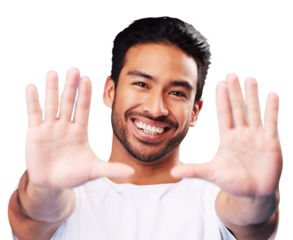 Palm, hand frame and portrait of a man for a selfie, creative aesthetic isolated in a transparent or png background. Smile, laughing and happy Asian person confident with a gesture for a photo