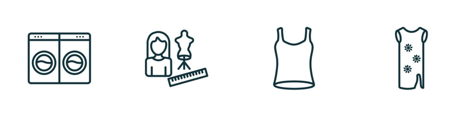 set of 4 linear icons from fashion concept. outline icons included laundry zone, tailor, women sleeveless shirt, tunic vector