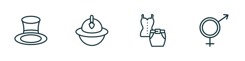 set of 4 linear icons from fashion concept. outline icons included cylinder hat, firefighter hat, outfit, unisex vector